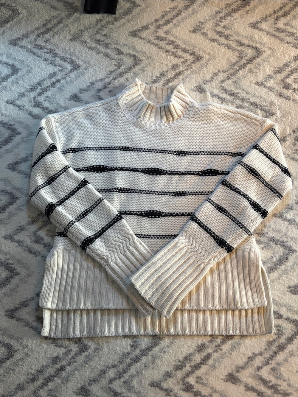 Veronica Beard Cream & Black Striped Mock Neck Sweater
